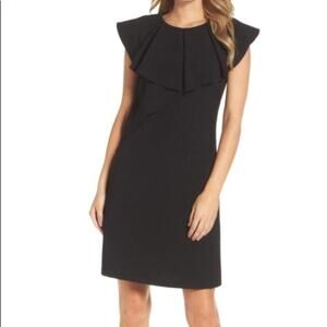 ELIZA J Ruffle Front Mini Sleeveless Shift Stretch Crepe Dress Black EUC 4